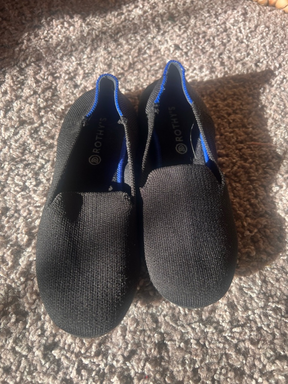 Rothy's Black Slip-On Loafers with Blue Accents